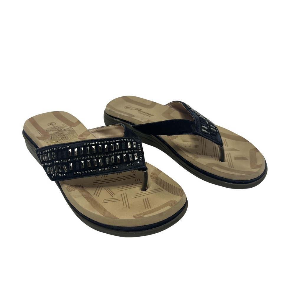 Forever Sandals Womens Size 6 Black Thong Rhinestone Studded Comfort Slip On‎